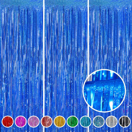 Foil Fringe Curtains Party Decorations - Melsan 3 Pack 3.2 x 8.2 ft Tinsel Curtain Party Photo Backdrop for Independence Day Decorations Birthday Party Baby Shower or Graduation Navy