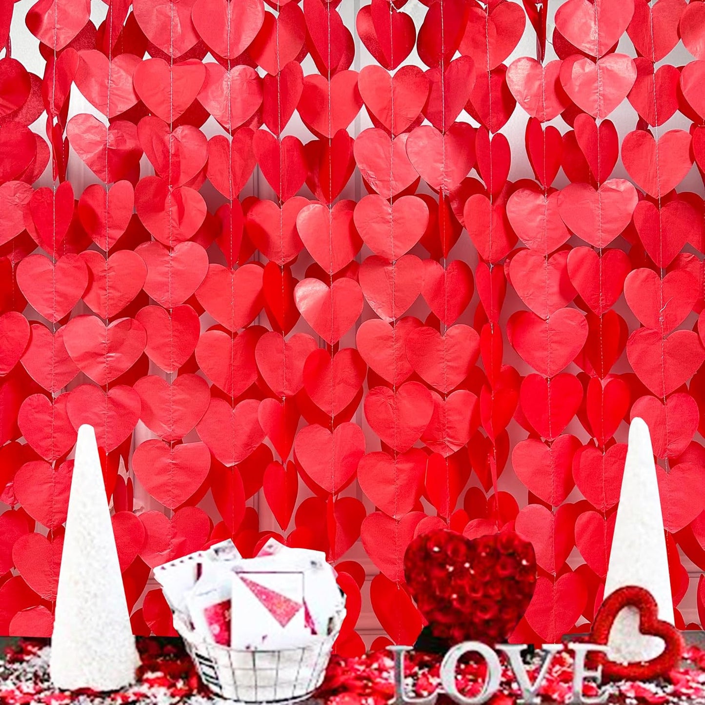 205 Ft Red Party Decorations Red Heart Backdrop Streamer Tissue Paper Love Heart Hanging Garland for Valentines Birthday Anniversary Engagement Wedding Bridal Shower Baby Shower Hen Party Supplies