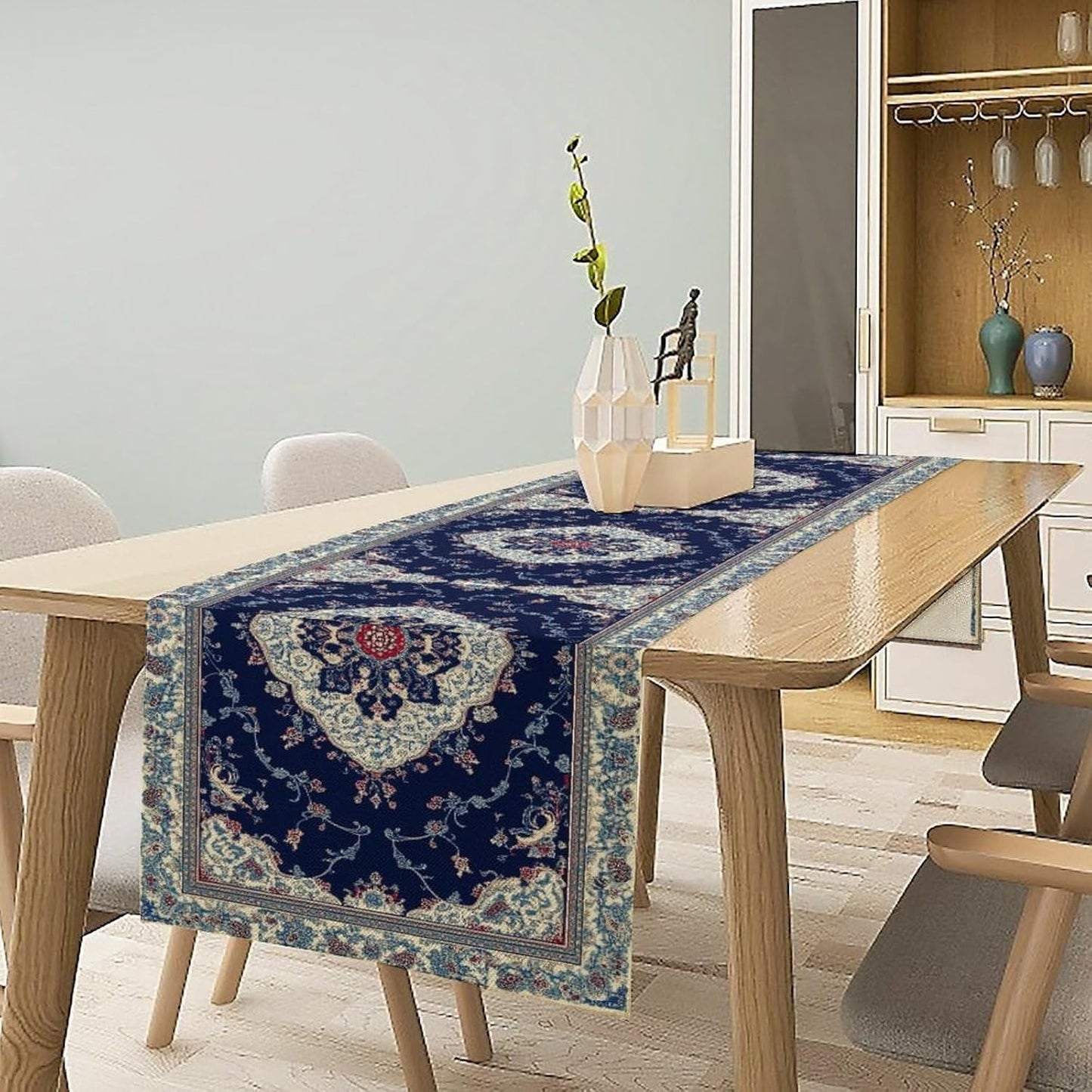 Elegant Palace Boho Blue Table Runner Vintage French Style Farmhouse Geometric Home Farmhouse Kitchen Table Dining Coffee Room Garden Party Wedding Decor 13x108in