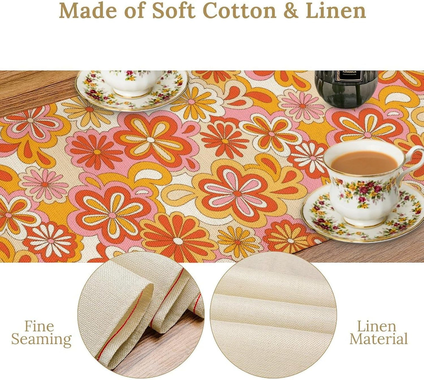 Vintage Floral Table Runner,70s Style Retro Daisies Flower Hippie Table Runner for Kitchen Dining Table Home Party Decoration 13x120 Inch