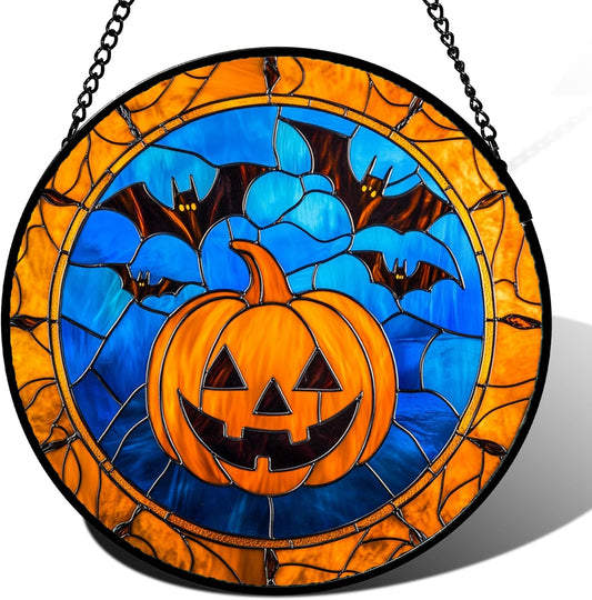 Stained Glass Window Hanging - Halloween Evil Pumpkin Suncatcher for Doors Window Garden Indoor Spooky Brown Bat Sun Catchers Gothic Decor Horror Gifts for Women Men Friend Boy Girl 6.3 in