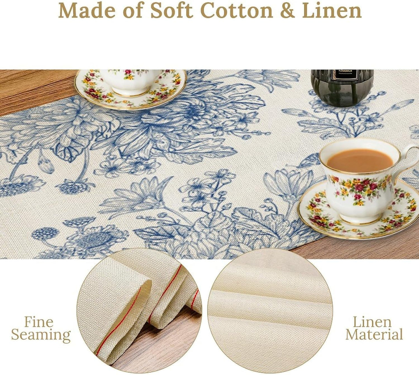 Chinoiserie Flower Table Runner, Seasonal Spring Fall Plants Blue Florals Dinner Runner for Home Kitchen Dining Table Party Holiday Decoration 13"x120"