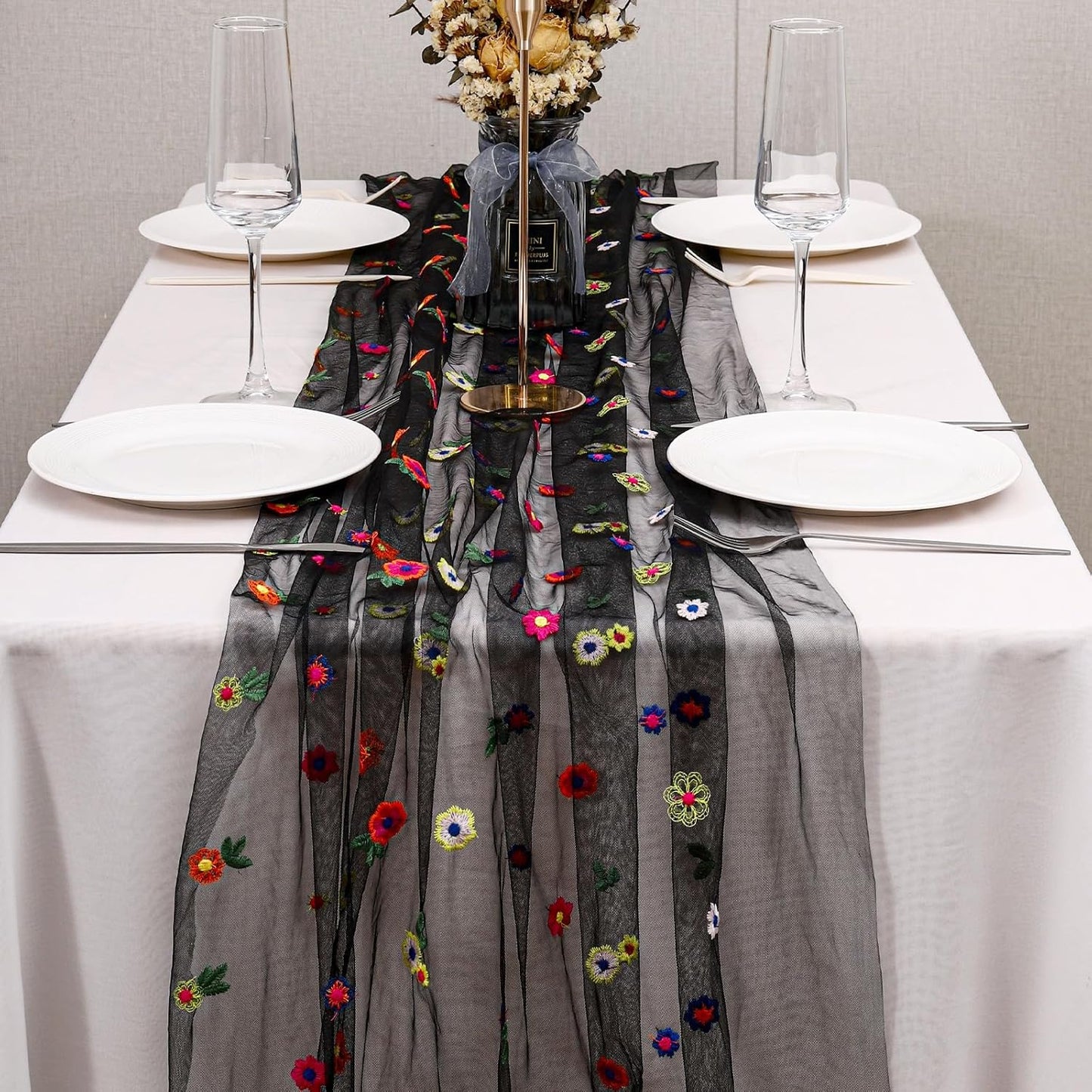 BINBE 12pcs Daisy Fall Table Runner Embroidery Gauze 10FT Florals Seasonal Tulle Holiday Birthday Kitchen Dining Table Decor for Home Party Black