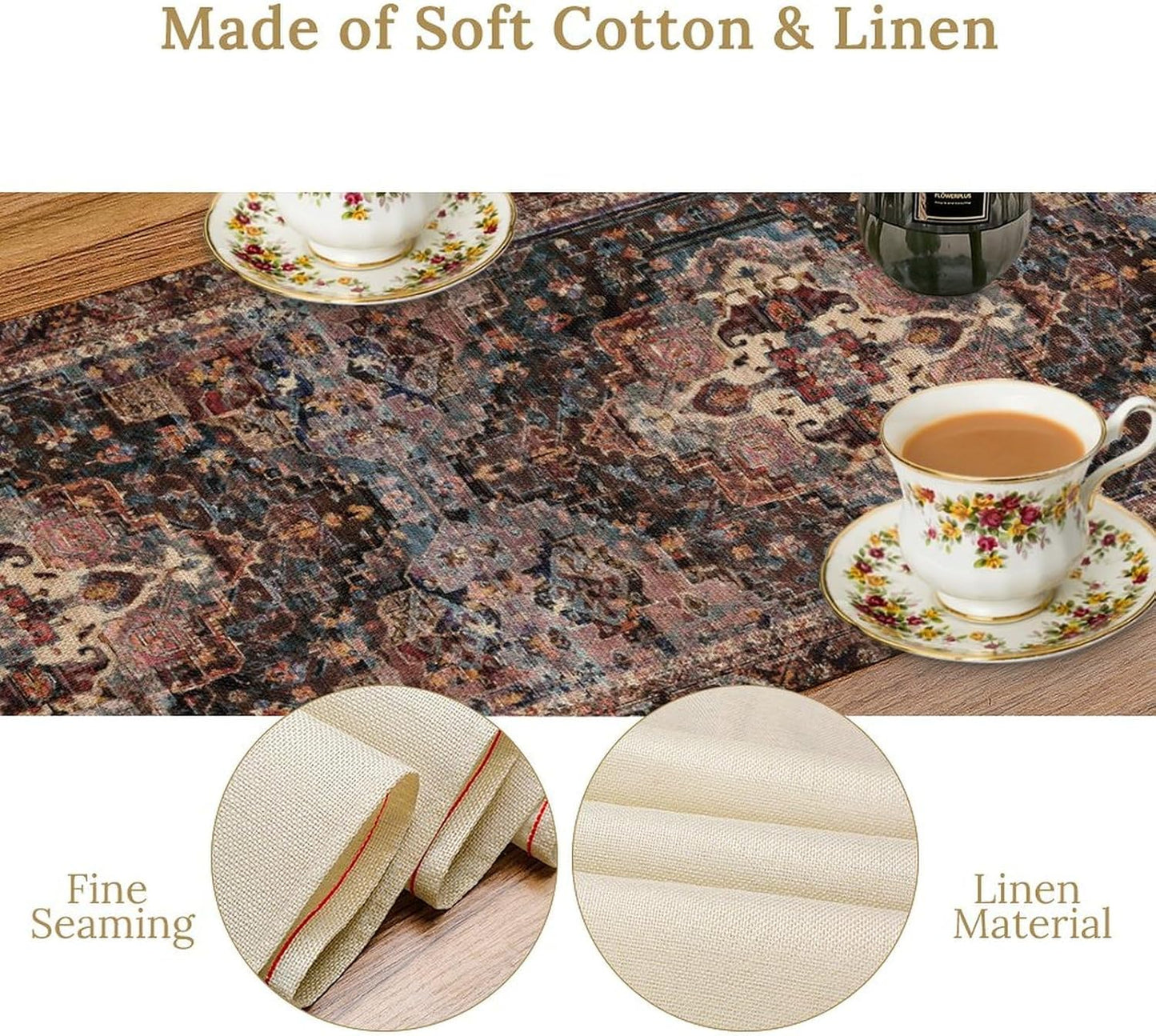 Vintage Boho Floral Table Runner, Rustic Country Farmhouse Black Bohemia Flower Pattern for Home Kitchen Table Decor Dining Coffee Room Party Decor 13x60in