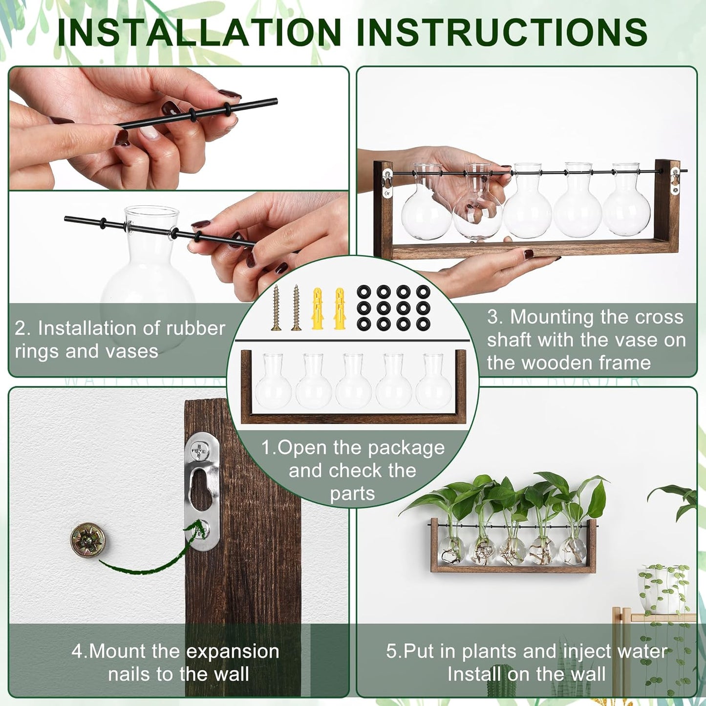 YIBOT Plants Propagation Stations,Plant Terrarium with Wooden Stand,Wall Hanging Glass Planter Plant Propagation Vase for Indoor Office Home Garden Decor Plant Lover Gifts for Women-5 Bulbs