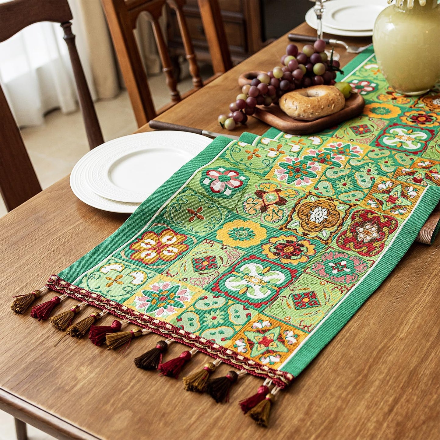 13×72 Inch Table Runner, Retro-Luxury Tassels Series for Kitchen Dining Table Holiday Decoration (Ethnic Green)