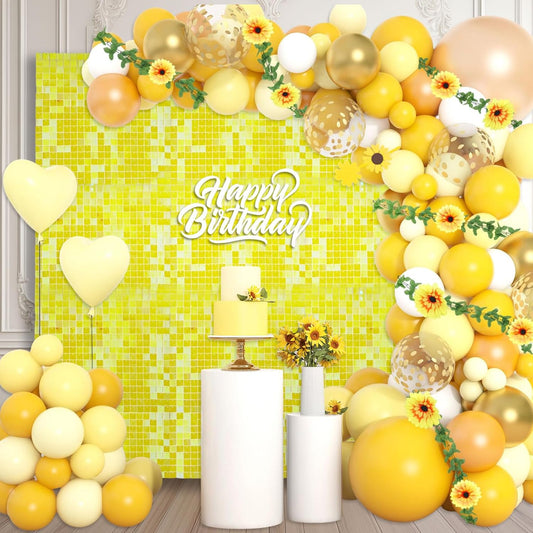 12PCS Colorful Yellow Shimmer Wall Backdrop, Square Sequin Photo Backdrops Panel, Glitter Wall Background for Birthdays, Weddings, Christmas, Engagements, Disco Bachelorette Party Decor (3FTx4FT)