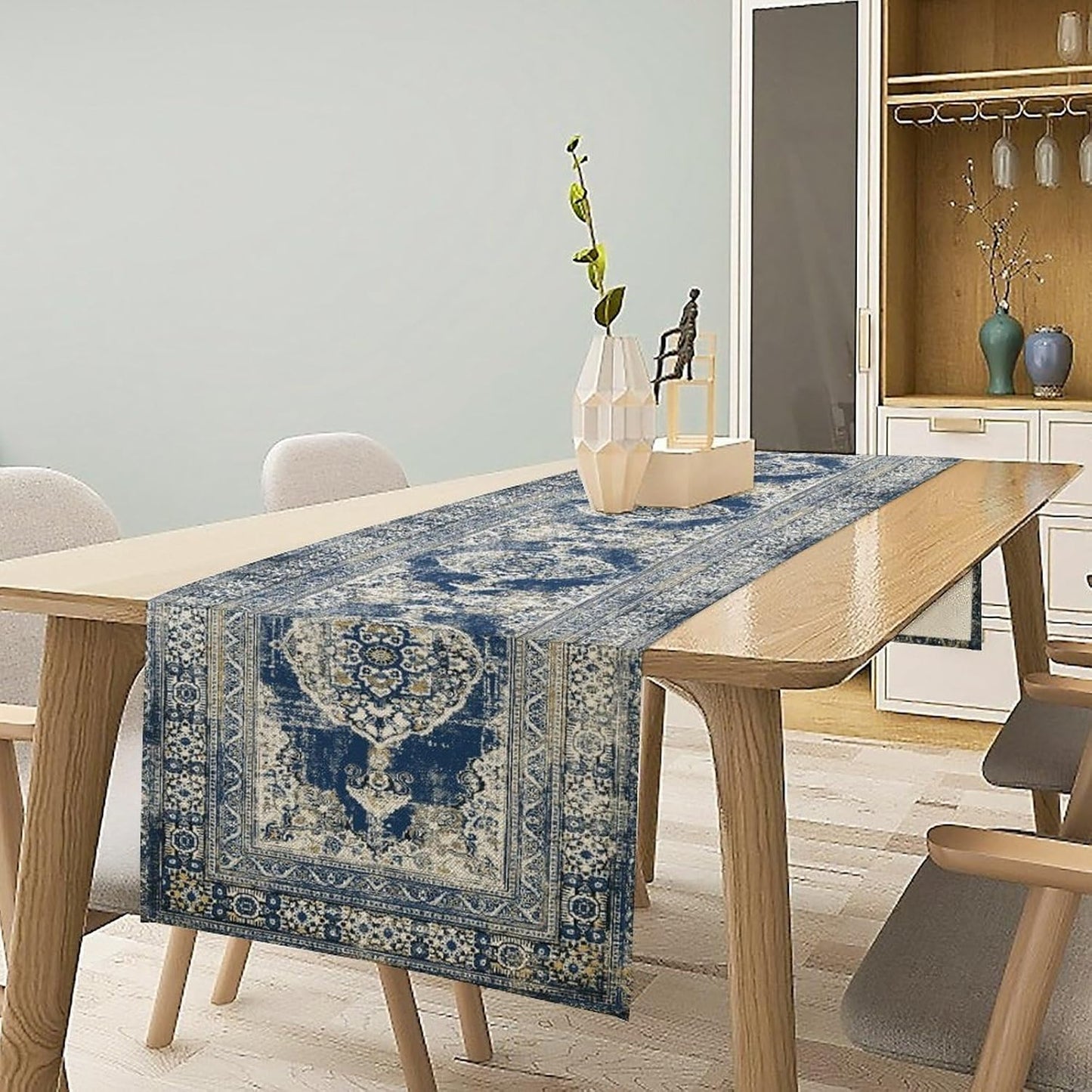 Vintage Boho Floral Table Runner, Rustic Country Farmhouse Blue Teal Retro Flower Pattern for Home Kitchen Table Decor Dining Coffee Room Party Decor 13x120in