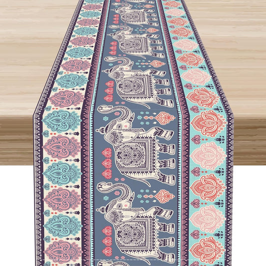 Boho Table Runner, Indian Bohemian Elephant Mandala Paisley Floral Hippie Art Print Table Center Decor for Home Kitchen Dining Patio Holiday Party Indoor Outdoor Table Decorations, 13"x90" Inch