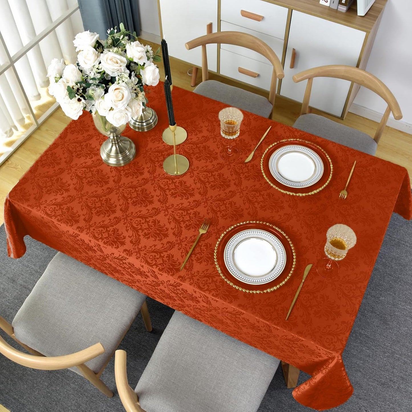 SASTYBALE Jacquard Tablecloth for Square Tables, Heavy Weight Damask Table Cloth Square, Autumn Polyester Table Cover for Kitchen Parties Thanksgiving Farmhouse, Rust 52×52 Inch