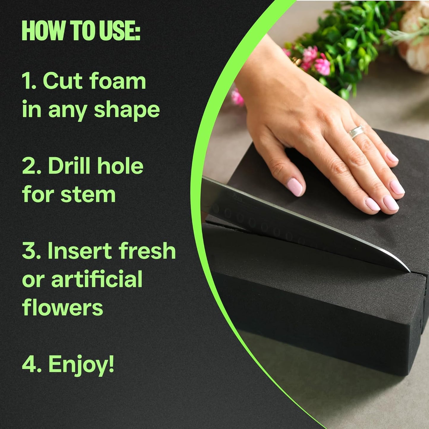 XCEL Floral Foam Blocks - Reusable, Weather Resistant Foam - Perfect for Fresh & Artificial Flower Arrangements, Crafts, Planter Boxes, Home Decor & More - 4-Pk, Black (7” x 7” x 3”)