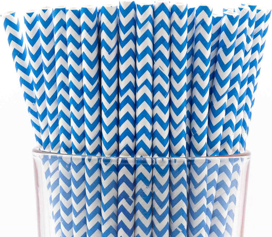 Pack of 300 Sky Blue Chevron Biodegradable 4-Ply Paper Drinking Straws (Compostable, Non-toxic, BPA-free)