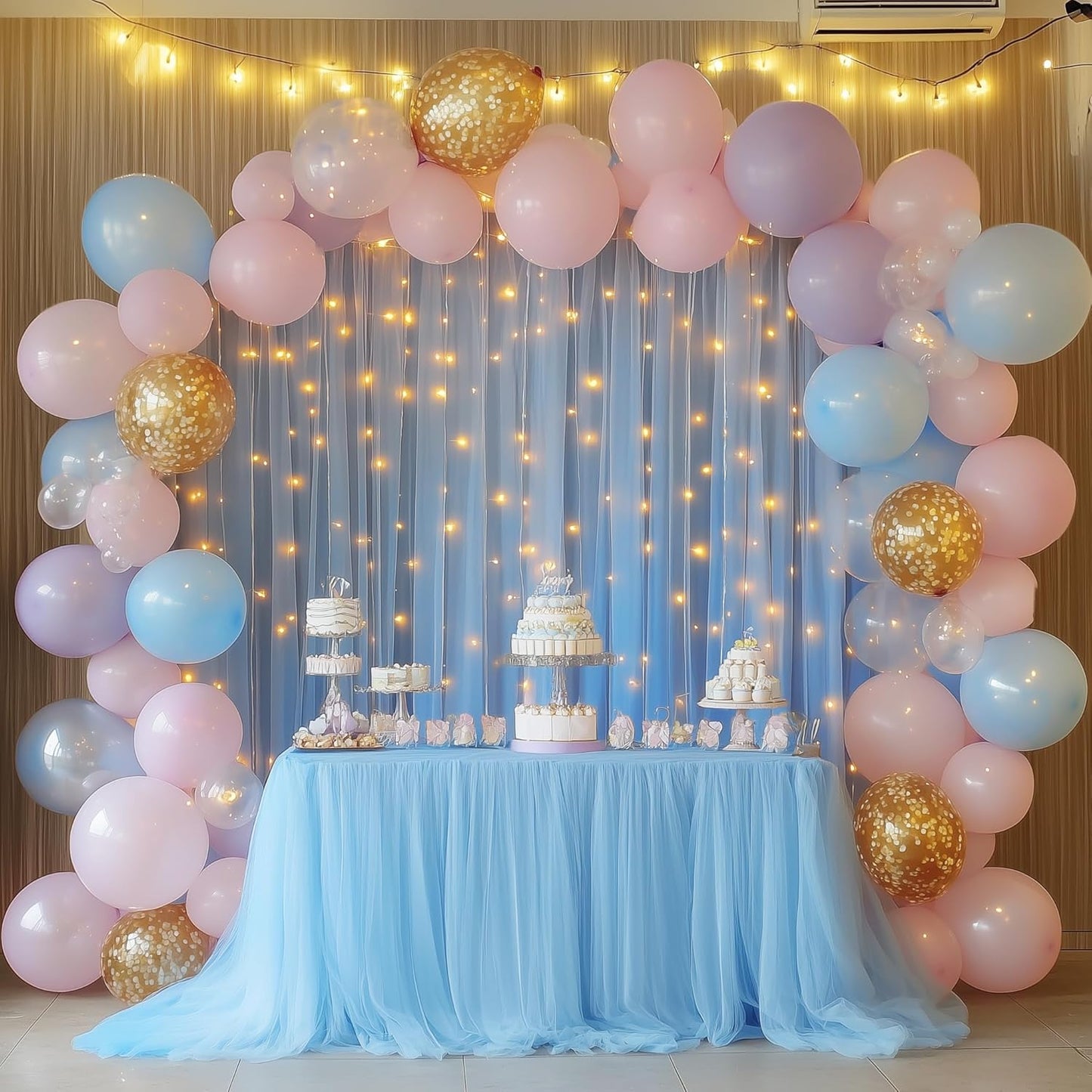 Tulle Backdrop Curtain with Lights String 10FT X 10FT Baby Blue Sheer Tulle Backdrop Curtains for Wedding Birthday Party Reception Photo Booth Background Decorations (2 Panels 5x10FT)