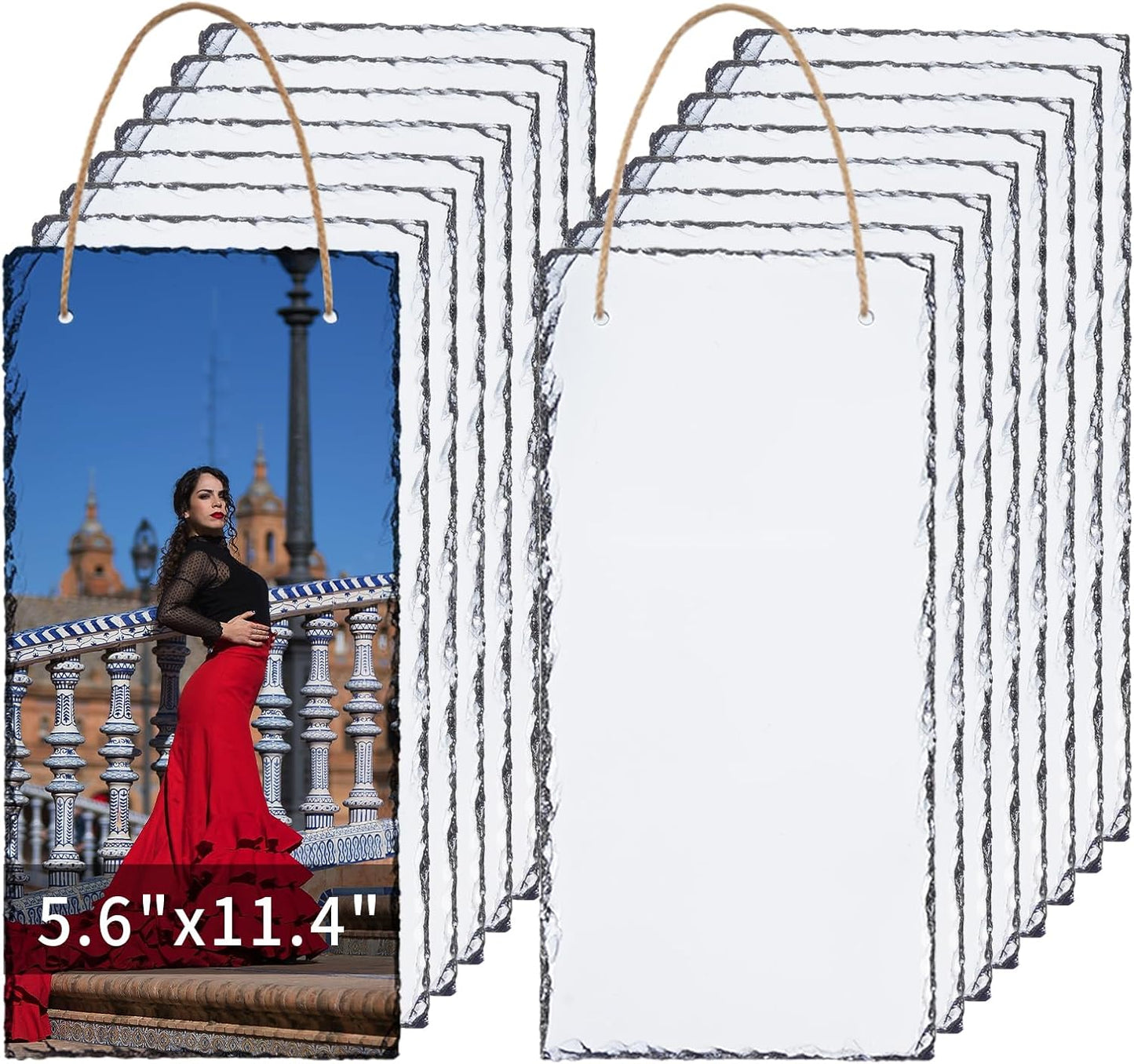 PYD Life 16 Pack Sublimation Hanging Photo Slates Rock Blanks 5.6" x 11.4" Bulk Stone Frames Wall Hanger with Rope for Home Decor, for Heat Press Transfer Printing