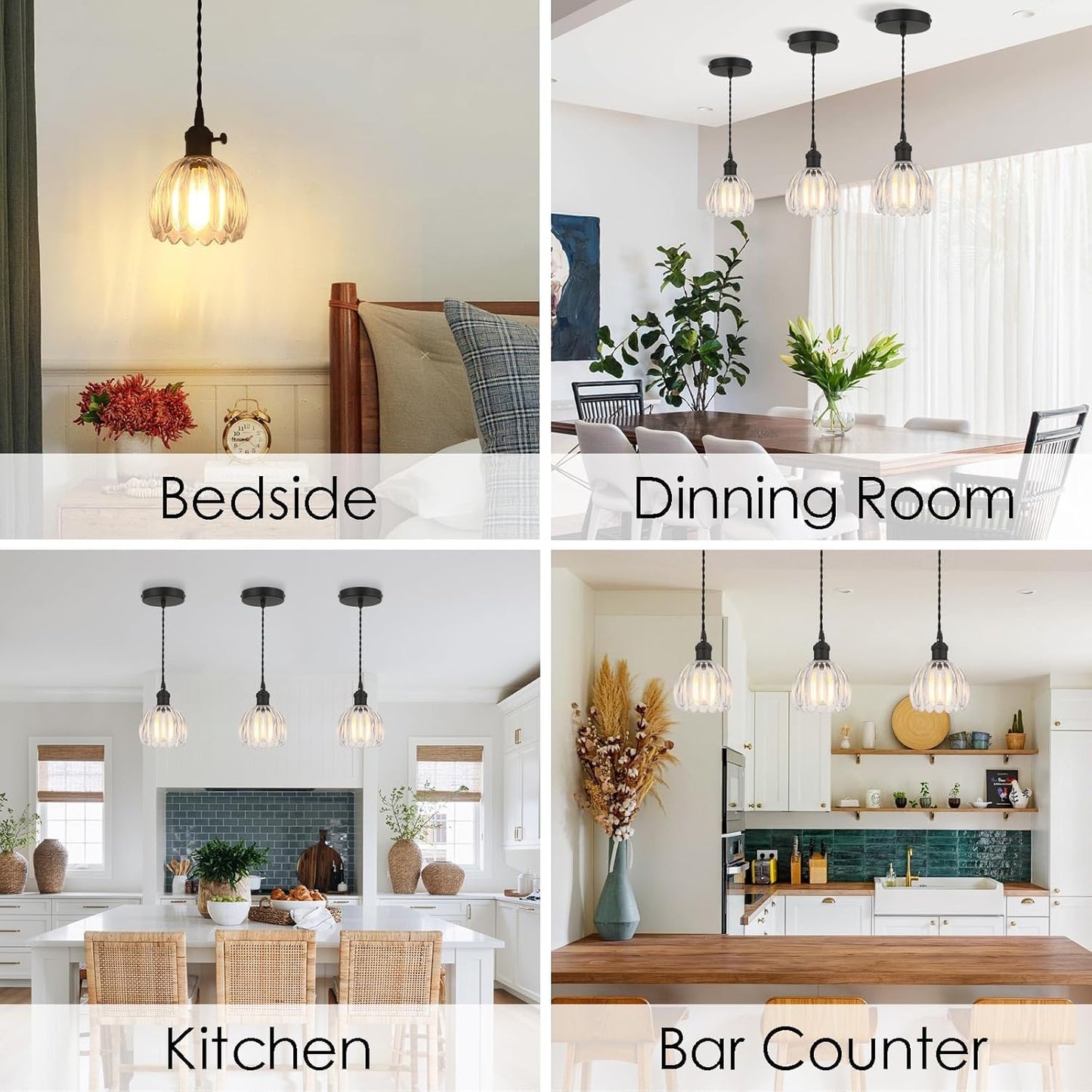 Vintage Black Pendant Light with Clear Tulip Glass Lampshade, Ideal Pendant Light Fixtures with 70 Inch Cord for Kitchen Island, Dining Room, Bedroom, Over Table, Living Room & Entryway (Hardwired)