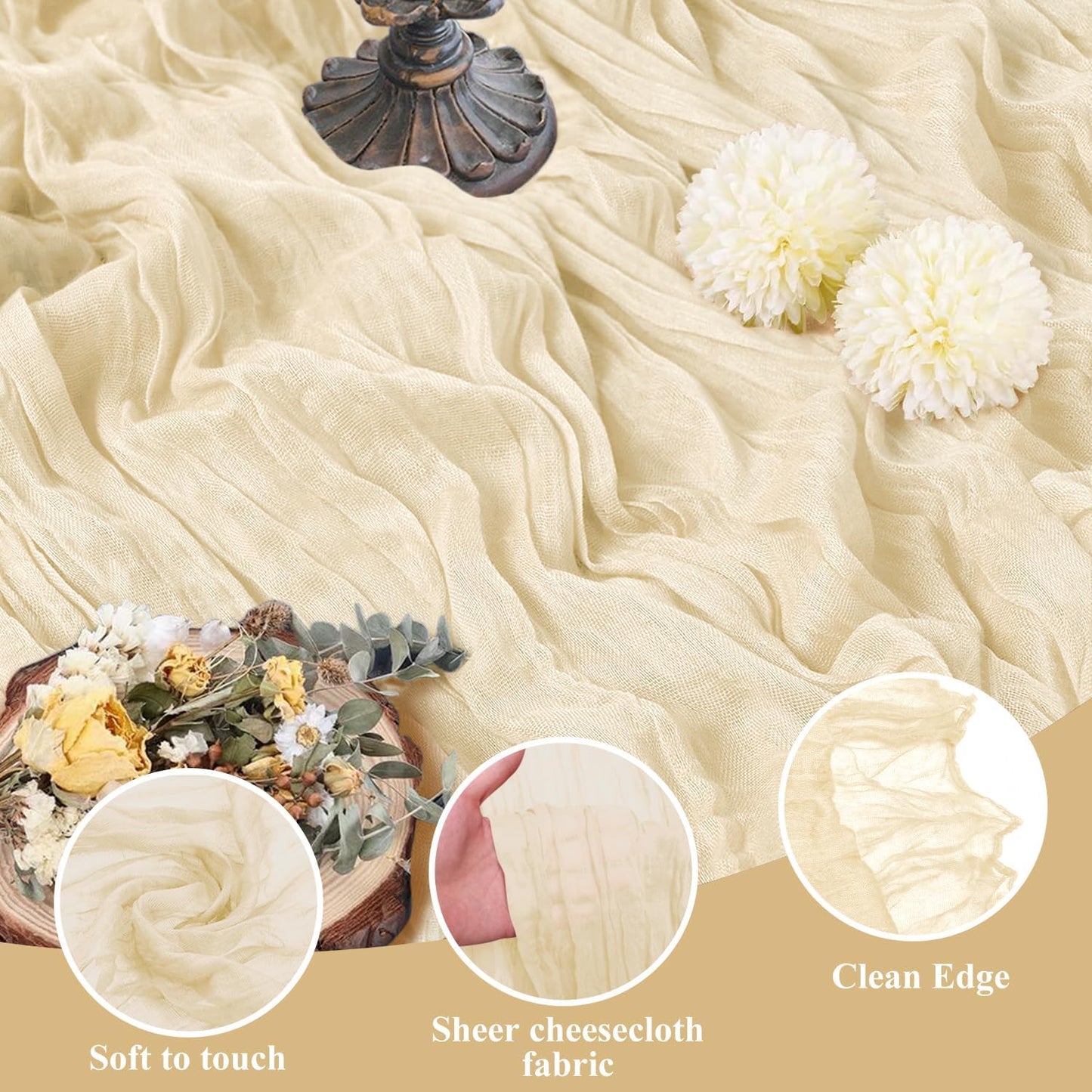 Asee'm 6pcs Cheesecloth Table Runner 120 Inches Long Beige Boho Gauze Cheese Cloth Runner 10FT Rustic Sheer Table Runners for Christmas Wedding Party Baby Shower Spring Easter Decoration