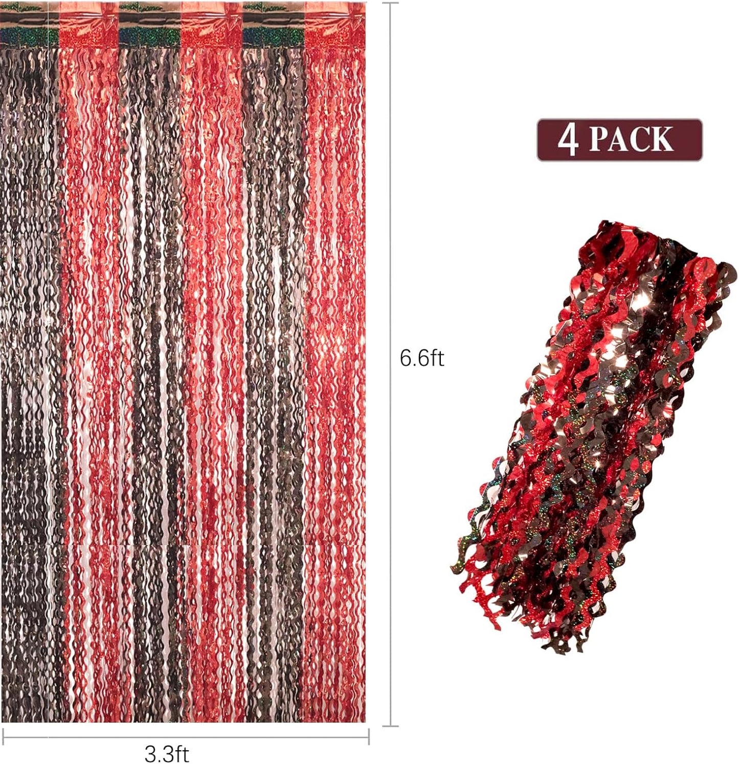 4 Pack 3.3x6.6 ft Red and Black Foil Fringe Backdrop Curtains - Wavy Tinsel Streamers Birthday Birthay Decorations, Fringe Backdrop for Graduation, Xmas, Disco Party