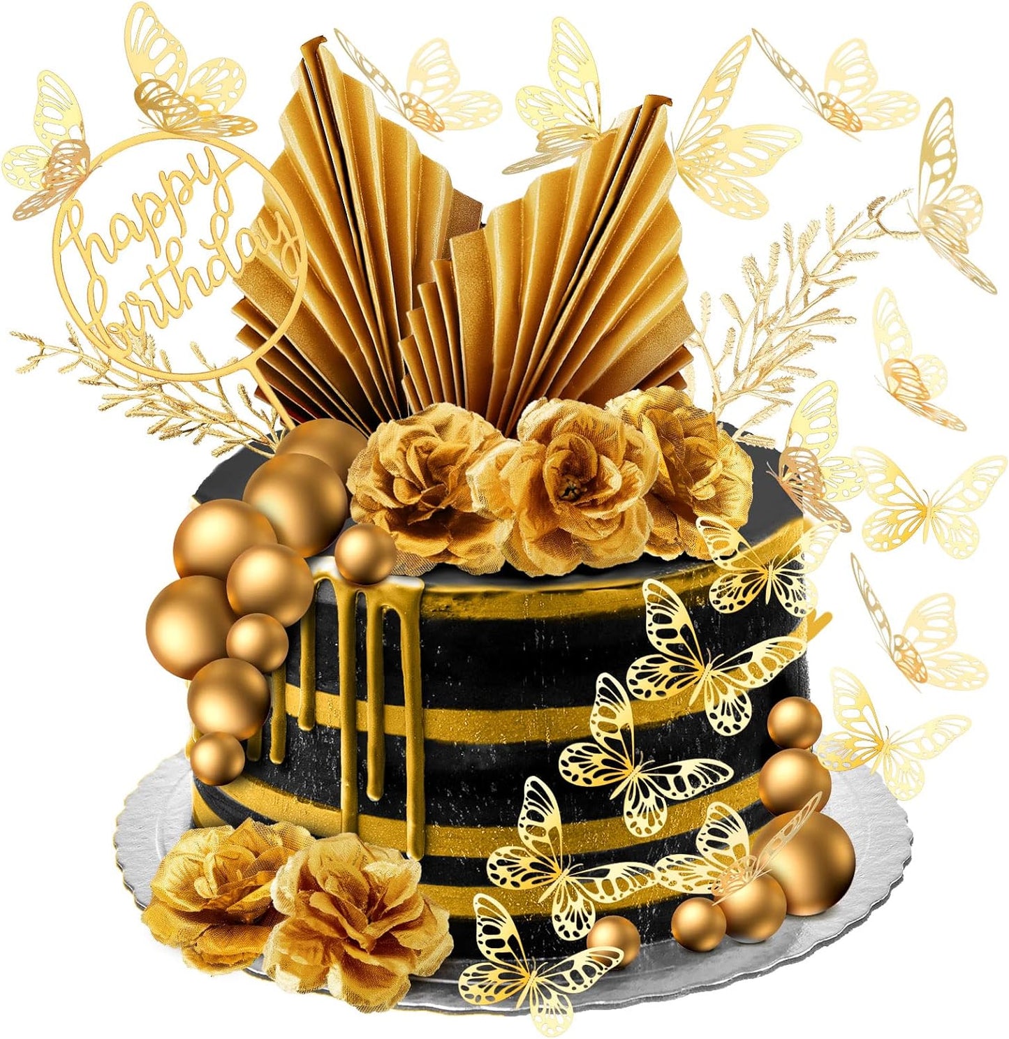 Shimeyao 52 Pcs Wedding Birthday Gold Cake Decoration Boho Cake Topper Pink Purple Flower Butterfly Palm Leaves Balls Toppers for Women Baby Shower Party Decoration(Gold)