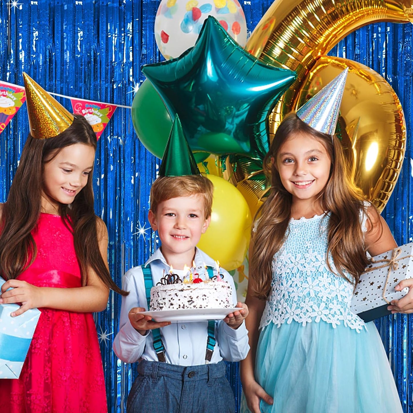 Tinsel Curtain Party Backdrop Blue Birthday Decorations 5 Packs Glitter Foil Fringe Curtain Party Decor Streamers Photo Booth for Birthday Christmas Wedding Halloween Graduation Decorations