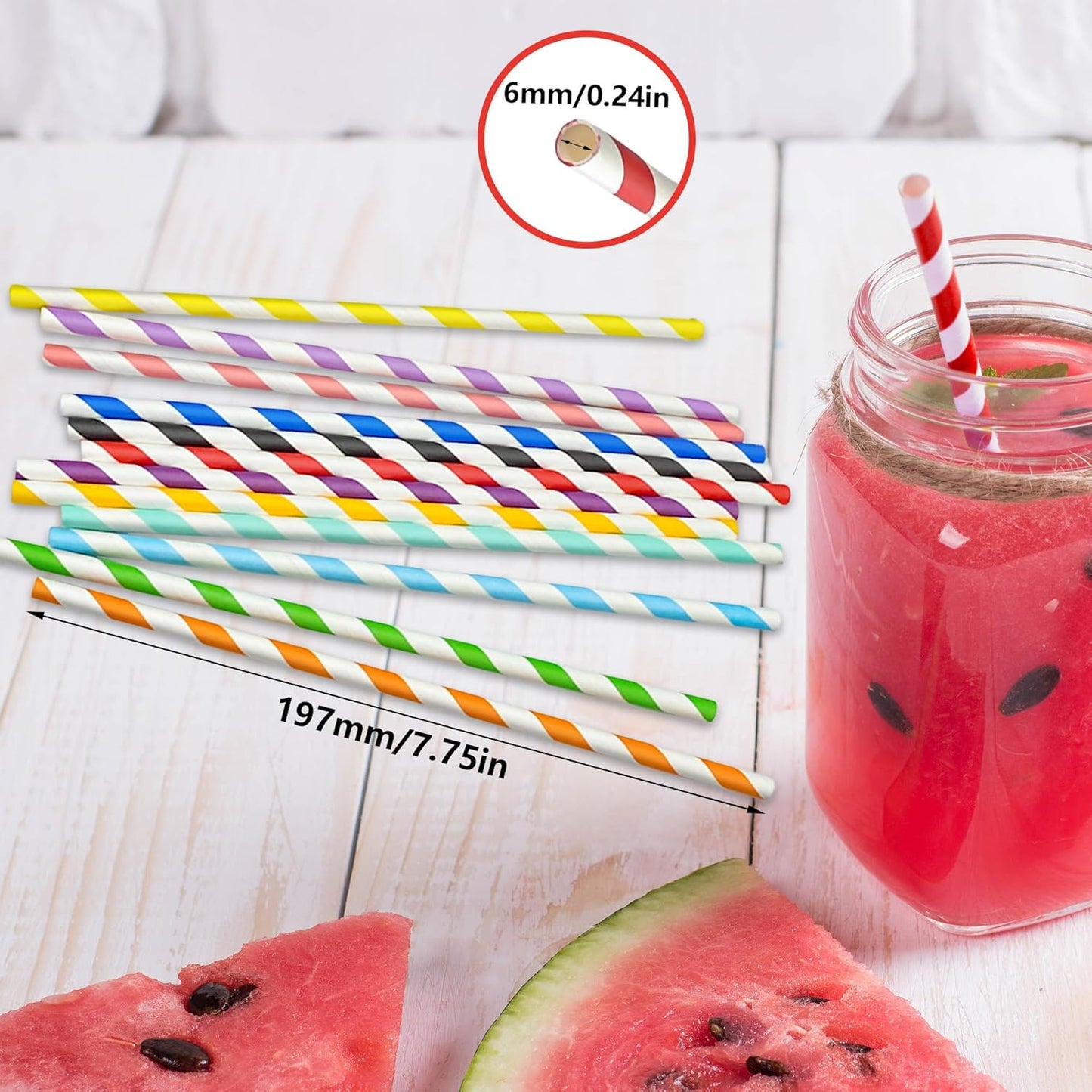 200 Striped Paper Straws, Biodegradable Disposable Drinking Colorful Straws for Birthdays, Coffee, Cocktail, Lemonade, Weddings, Bridal, Baby Shower, DIY Decorations, Party Supplies