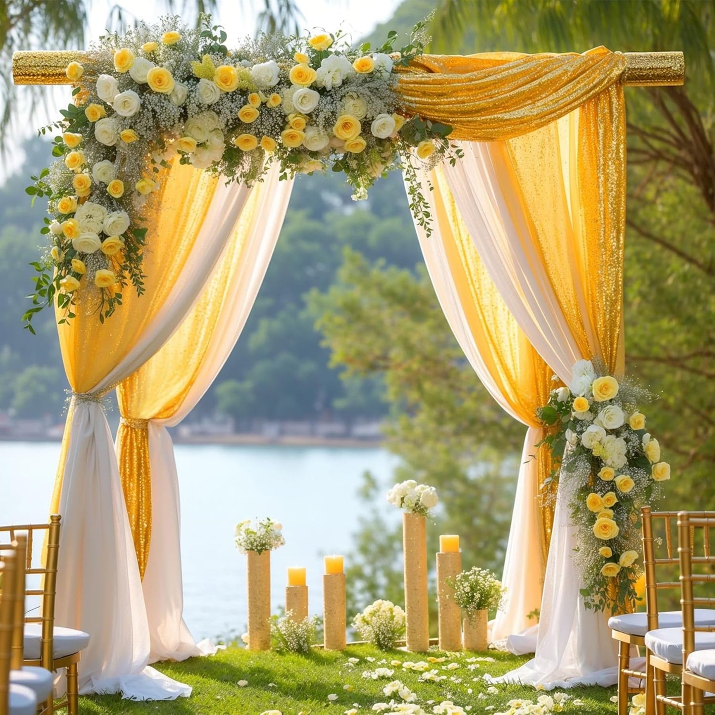 Wedding Arch Draping Fabric, 1 Panel 28" x19ft White Arch Drapes & 1 Panel 16" x19ft Gold Sequin Fabric Drapes Arbor Backdrop Curtain for Wedding Arch Ceremony Bridal Shower Reception