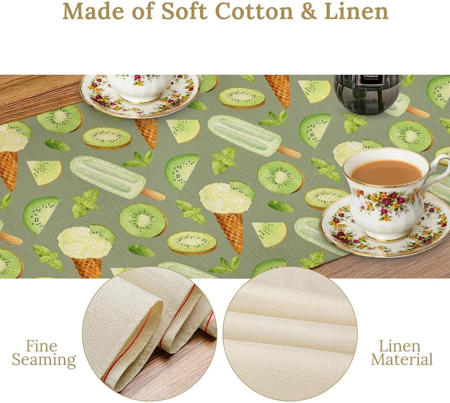 Summer Ice Cream Popsicles Table Runner, Watercolor Green Kiwi Seasonal Fruit Sweet Dessert Dinner Runner for Party Holiday Home Kitchen Dining Table Decor 13"x120"