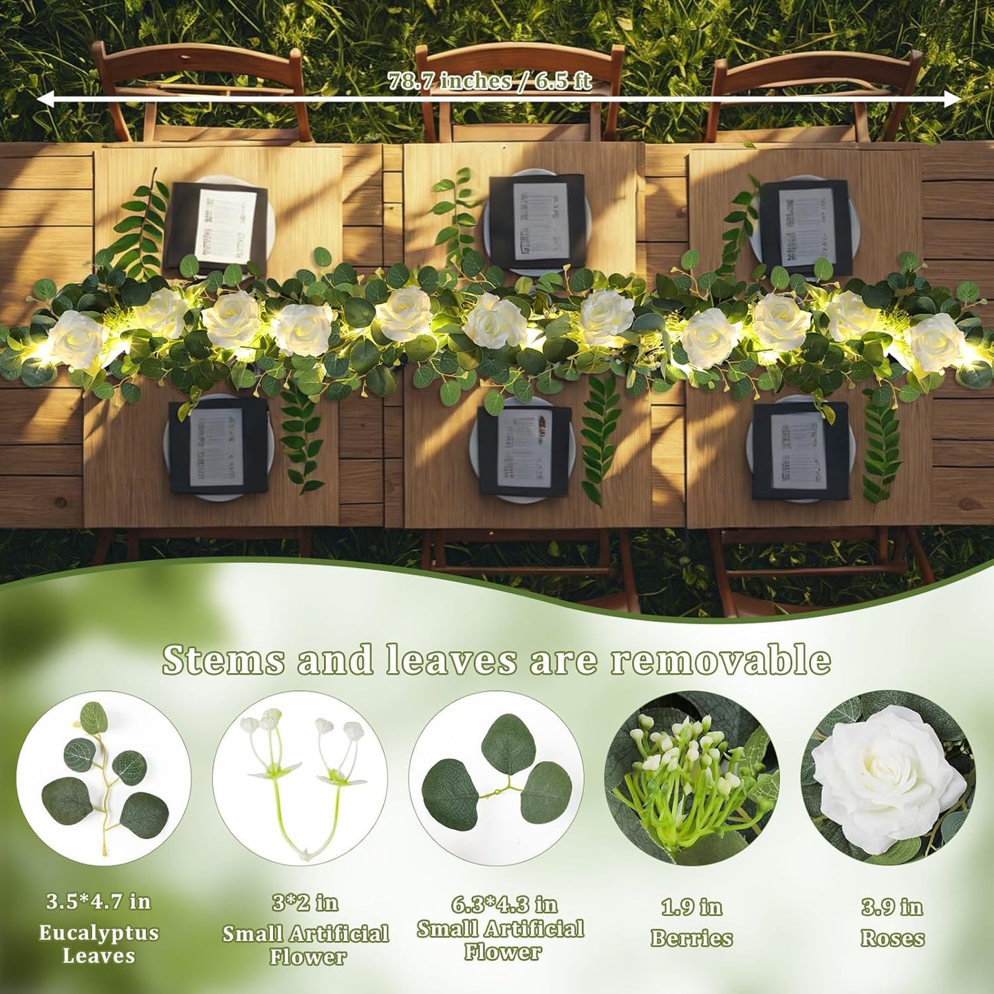 MACTING 6.6FT Flower Garland with Lights Fake Gypsophila Eucalyptus Garland with 12 White Roses Artificial Floral Greenery Vine for Wedding Arch Table Centerpieces Backdrop Party Summer Decorations