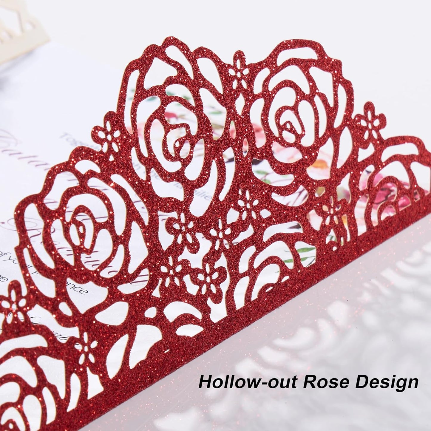 50pcs Burgundy Glitter Wedding Invitation Butterfly Rose Laser Cut Invitation Sleeve with Personalized Invitations Card, White Envelopes, for Wedding Bridal Shower Engagement (Default Blank Card)