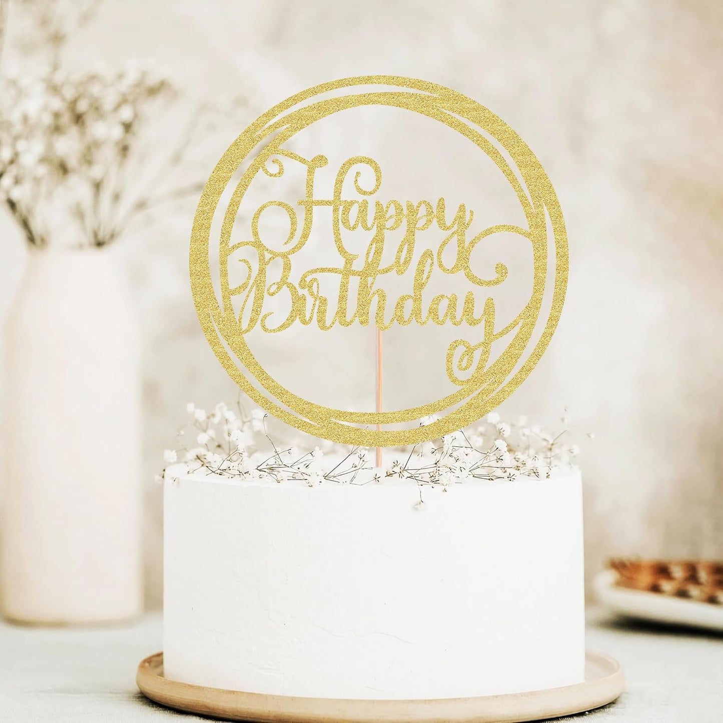 Happy Birthday Cake Topper - Golden Glitter Happy Birthday Cake Decoration Supplies for Children or Adults - Happy Birthday Cake Bunting Decor, Photo Booth Props