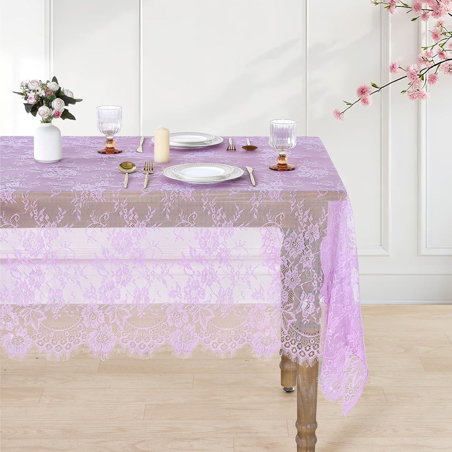 LuoluoHouse Sheer Lace Tablecloth Floral 6pcs Table Fabric 60x120 Inch for Rustic Party Wedding Decoration Rectangle Overlay Long Embroidered Reception Table Cloth Decor