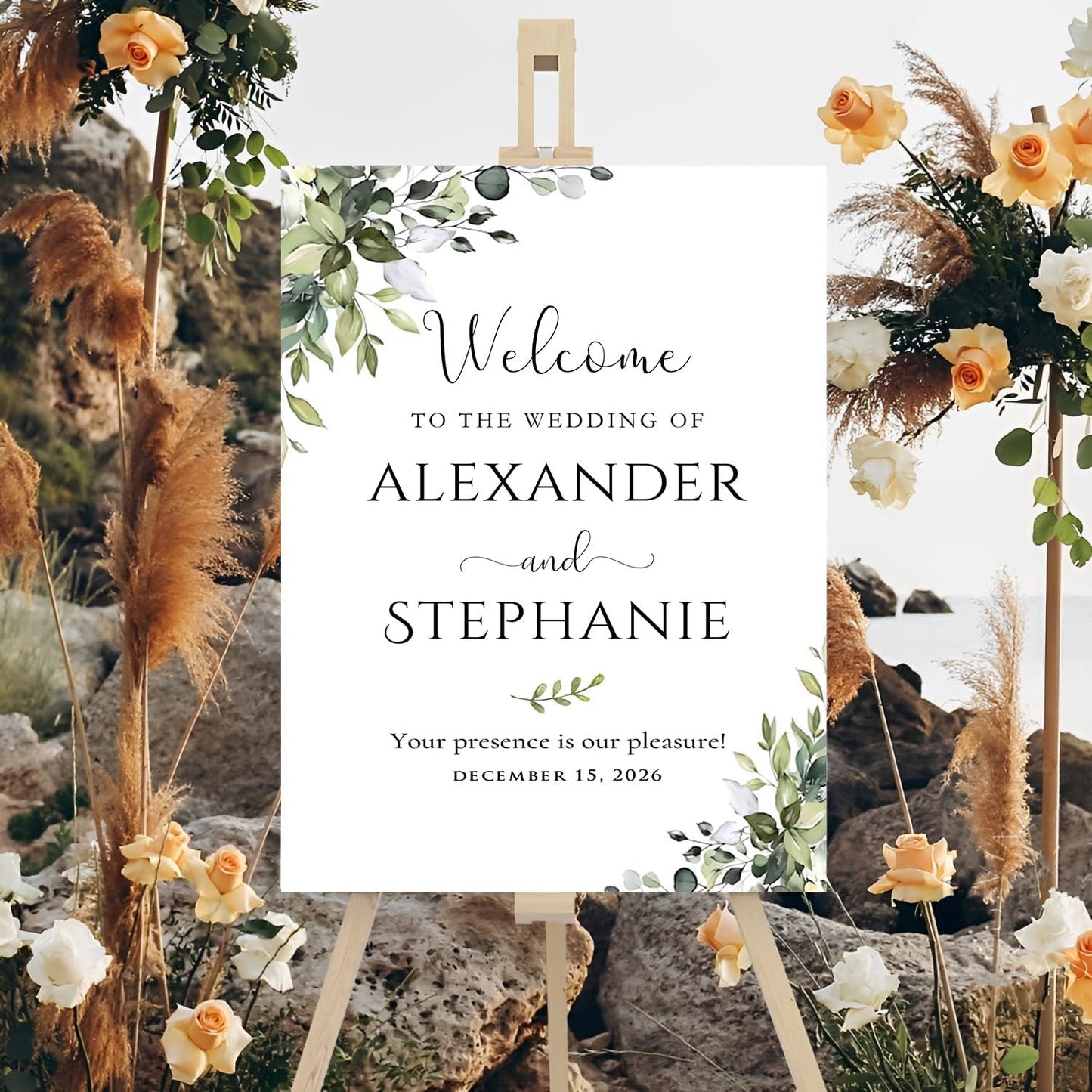 Welcome to Our Wedding Sign With Stand - Floral Wedding Decorative Signage for Engagement Party