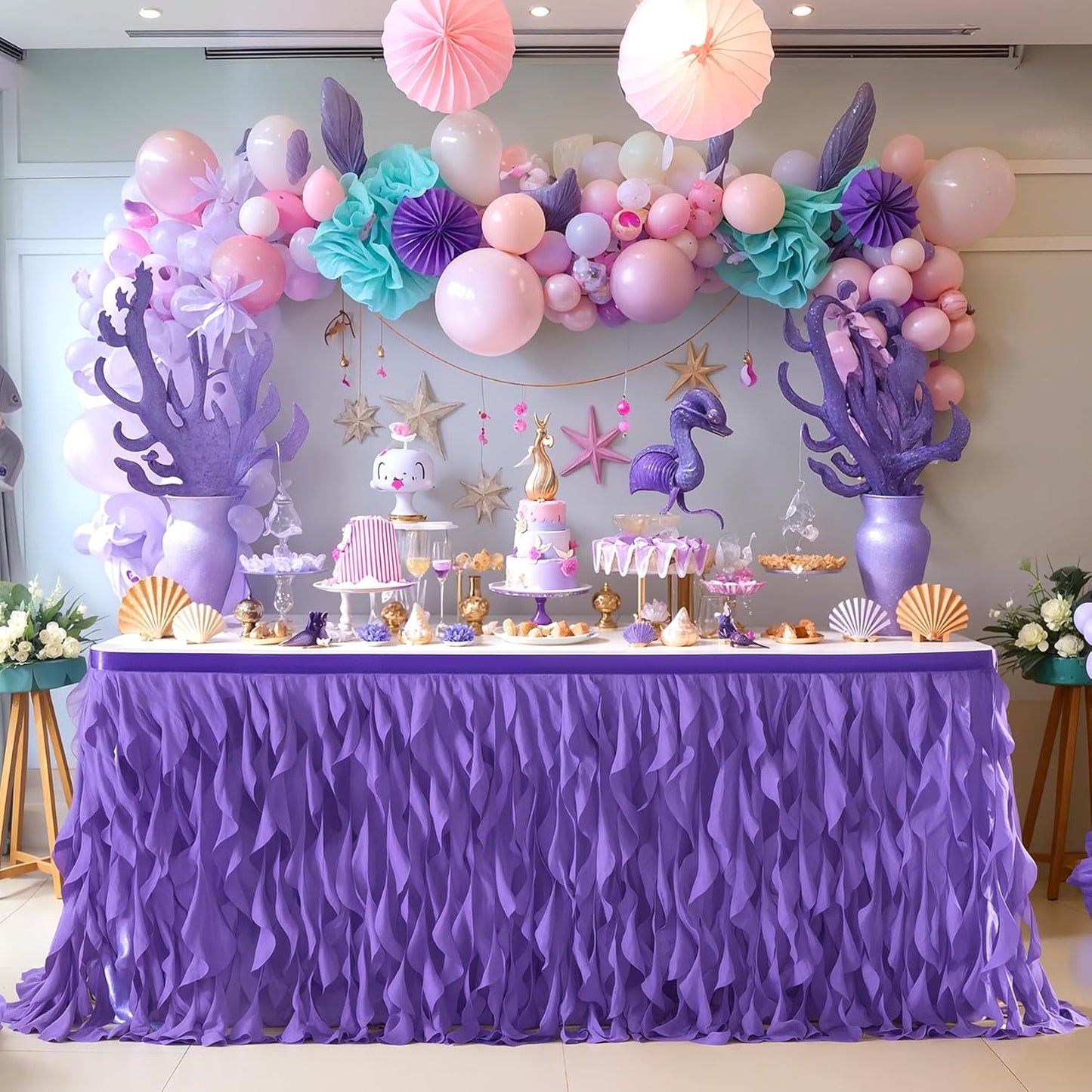 Partisky Mermaid Purple Tulle Curly Willow Table Skirt for Rectangle Table 17ft, Ruffle Tutu Table Cloth for Girls Boys Baby Shower,Mermaid Birthday Party
