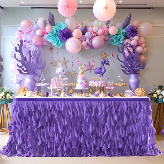 Partisky Mermaid Purple Tulle Curly Willow Table Skirt for Rectangle Table 6ft, Ruffle Tutu Table Cloth for Girls Boys Baby Shower,Mermaid Birthday Party