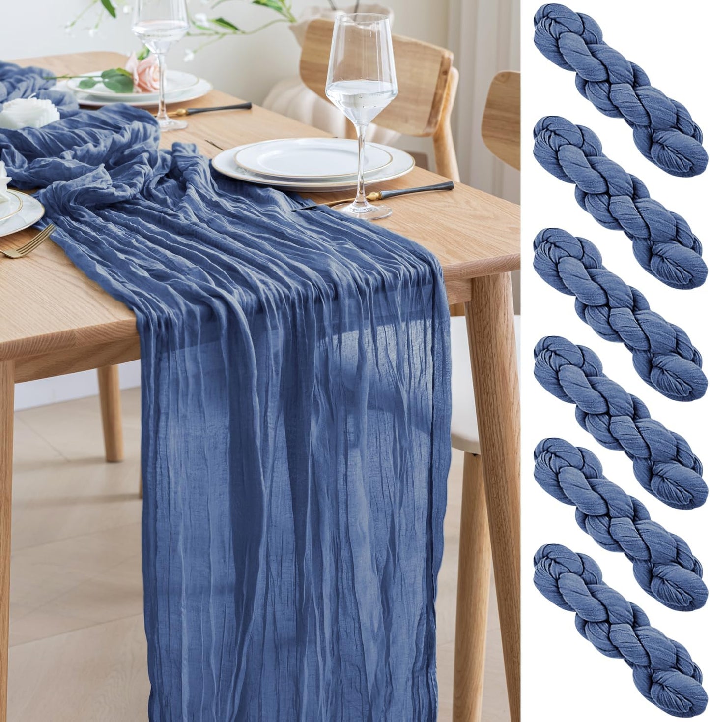 Asee'm 6pcs Cheesecloth Table Runner 120 Inches Long Blue Boho Gauze Cheese Cloth Runner 10FT Rustic Sheer Table Runners for Christmas Wedding Party Baby Shower Spring Easter Decoration
