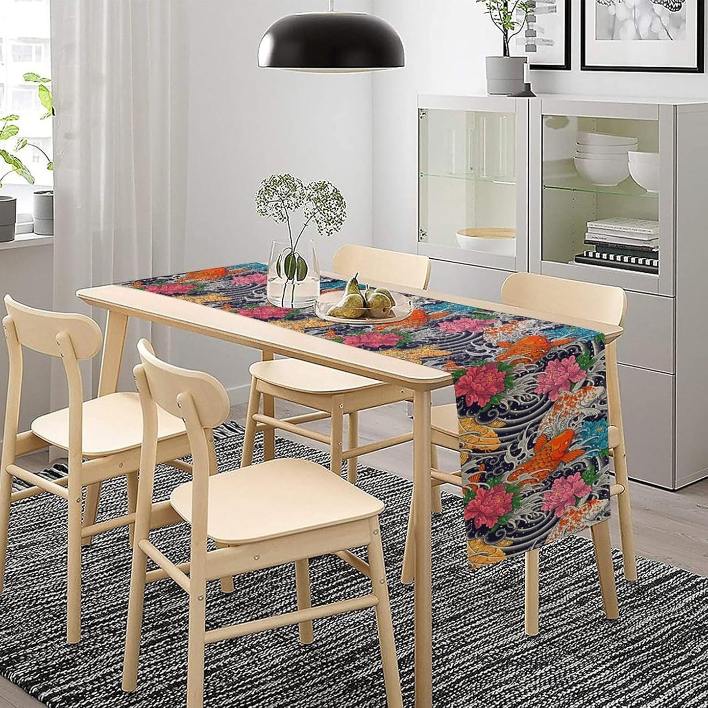 Japanese Retro Flowers Table Runner Oriental Tradition Kio Fish Art Printed Burlap Runner Home Kitchen Dining Table Living Room Decor Fabric 1 Panel W13xL70in