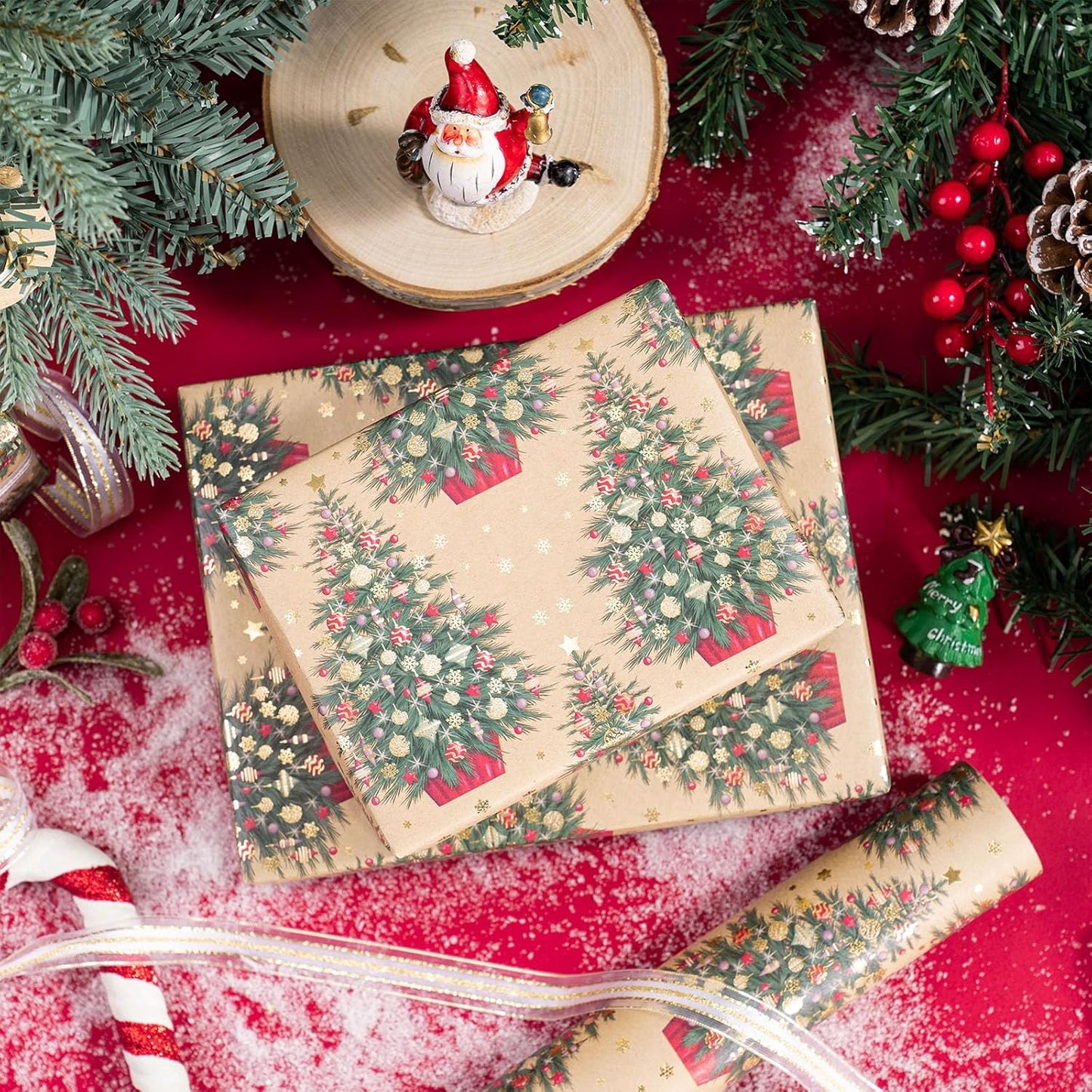 RUSPEPA Kraft Christmas Wrapping Paper Roll, Mini Roll, Gold Foil Christmas Tree Design, Elegent Kraft Gift Wrap Paper Great for Xmas Gifts, Winter and Holidays, 17 Inches X 16.4 Feet