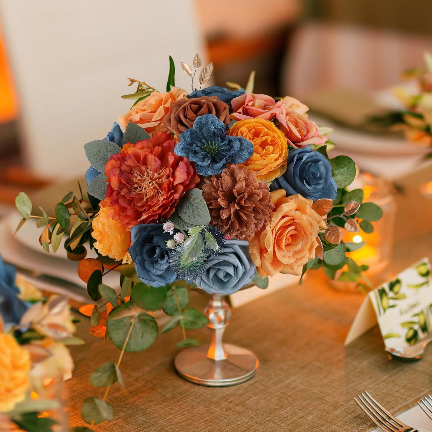 AmyHomie Teal Orange Artificial Flowers Combo Silk Mix Peony Rose Fake Flowers w/Stem for DIY Wedding Bouquets Centerpieces Arrangements Table Fall Decor Party Bridal Baby Shower Home Decorations