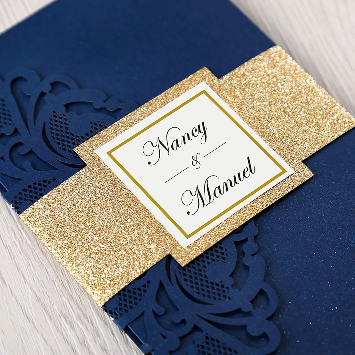 DORIS HOME 50PCS Laser Cut Wedding Invitations with Envelopes and RSVP Cards BLANK Inner With Gold Glitter Belly Band for Wedding Engagement Bridal Shower Party Invite 4.7x7 Inch Navy Blue