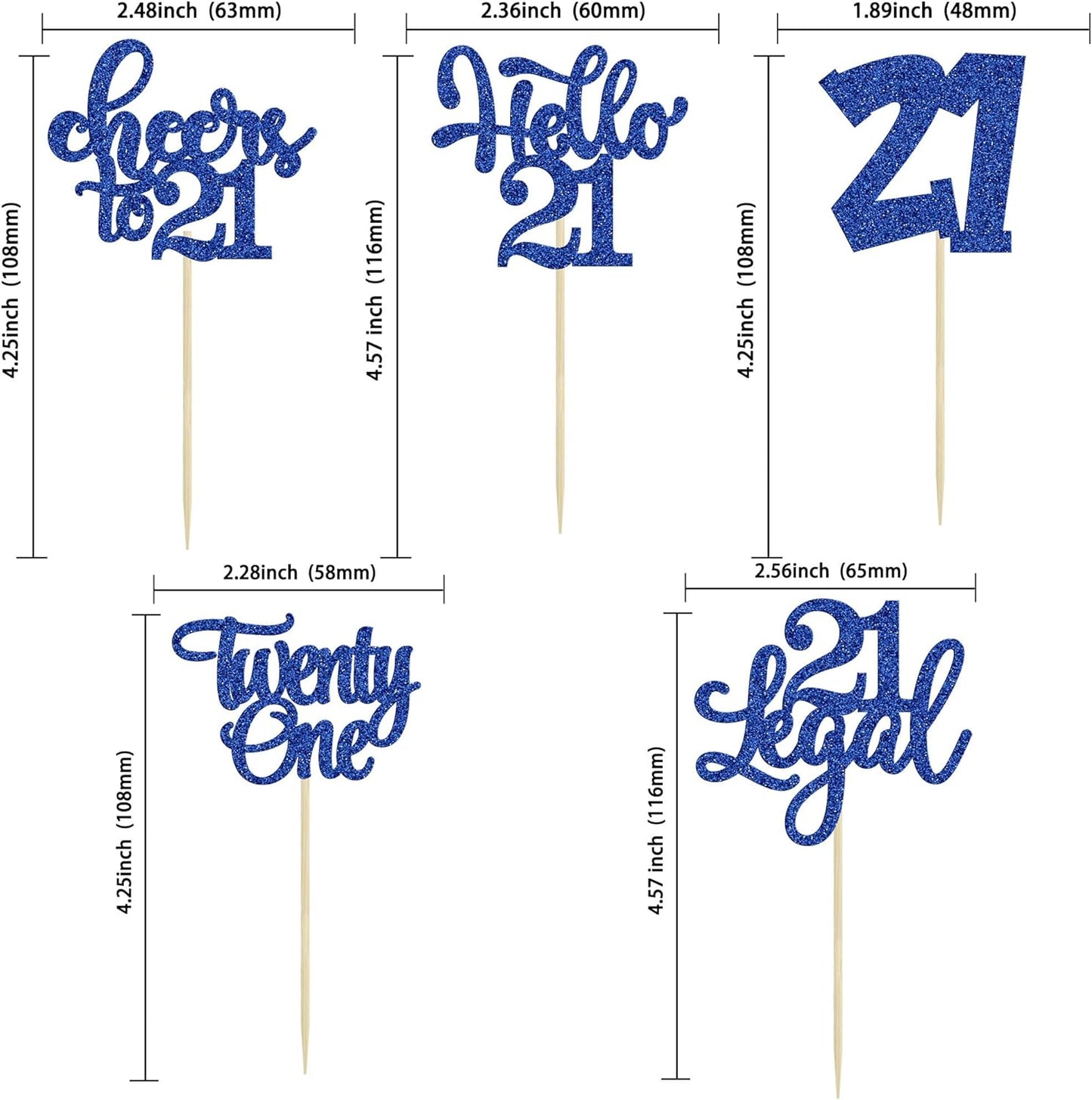 30pcs 21st Birthday Cupcake Toppers - Legal 21st Cupcake Picks - Cheers to 21 Years Old Cake Decorations - Deep Blue Glitter