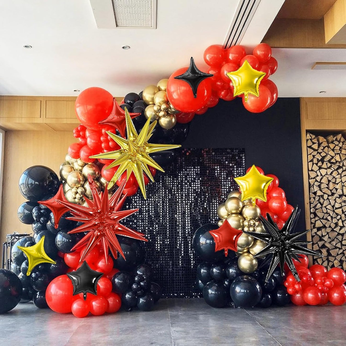 Black Gold Red Star Balloon,16Pcs Star Foil Balloons Set with 22Inch Explosion Spike Cone Balloons and 10Inch Quadrangle Helium Balloon for Birthday Wedding Baby Shower Party Decorations