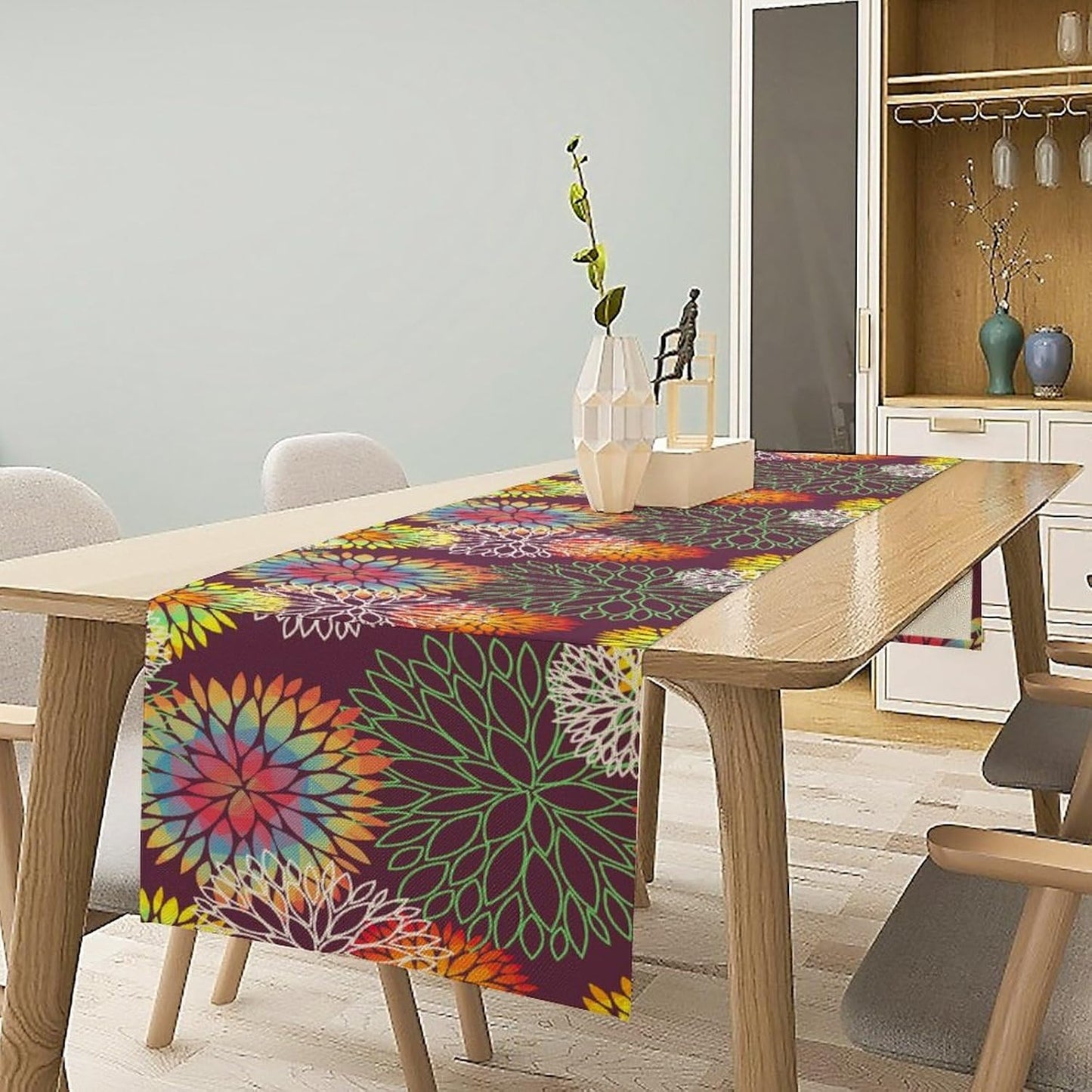 Brown Dahlia Flower Table Runner, Linen Geometric Pattern Floral Table Decor Spring Farmhouse Decorations for Kitchen Dining Holiday Party Decor, 13x108 Inch