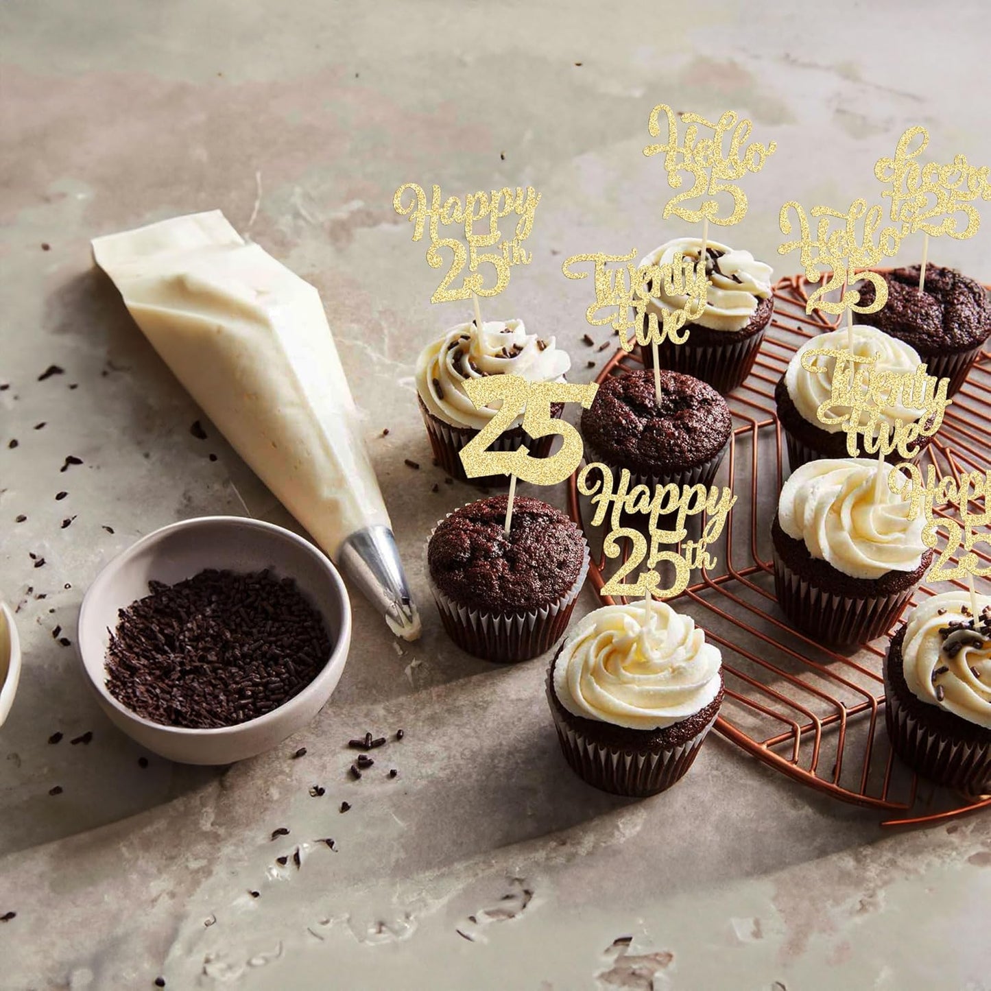 30pcs 25th Birthday Cupcake Toppers - 25th Anniversary Cake Decorations with Gold Glitter
