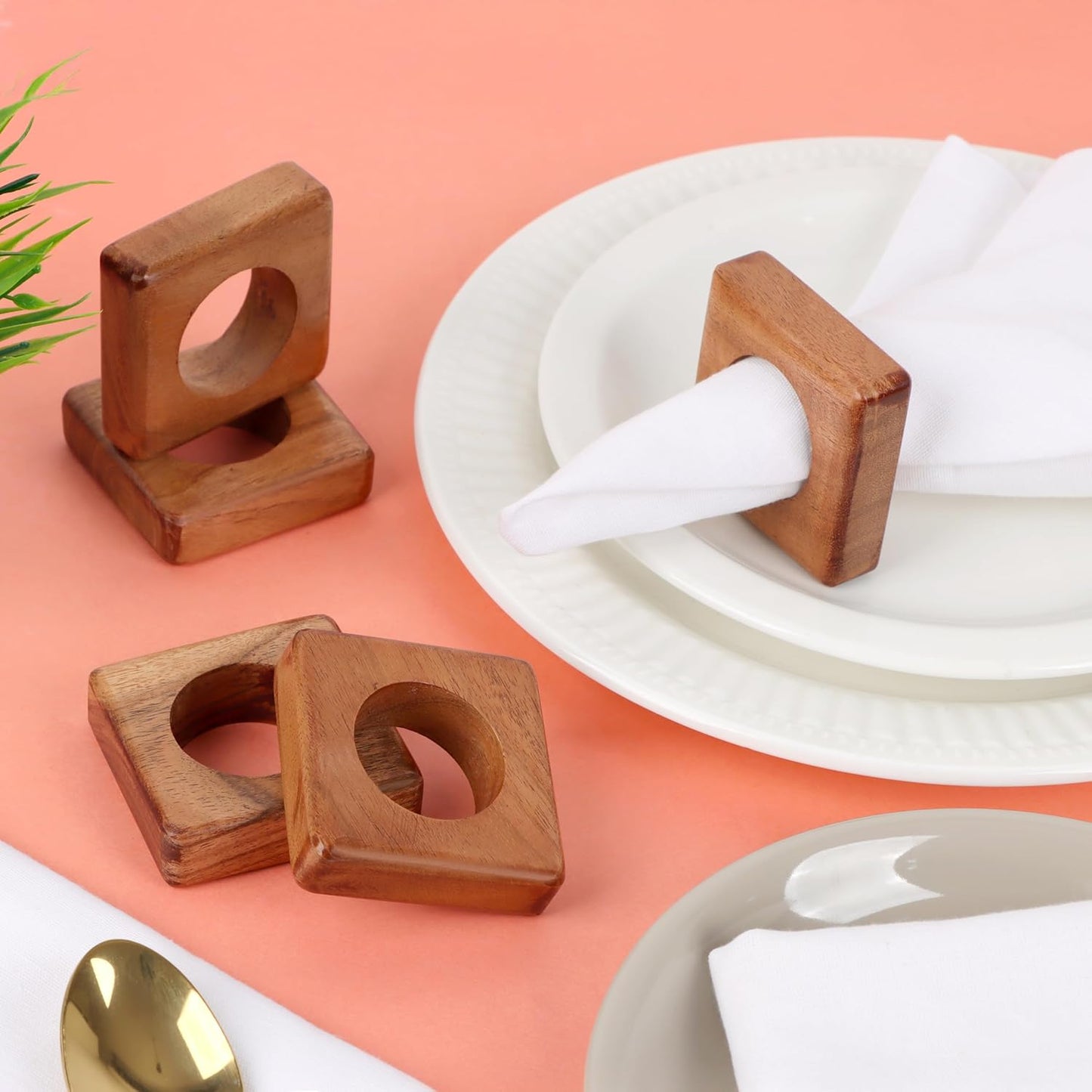 Wooden Napkin Rings Set of 12 Fall Decor for Home Square Acacia Wood Napkin Holders for Dining Table Settings Wood Napkin Ring Rustic Table Décor for Weddings, Parties, and Everyday Use - CLEENTABLE