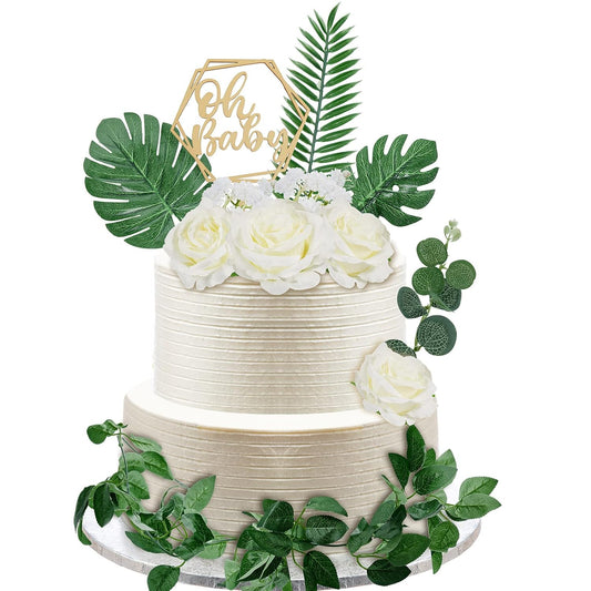 34-piece Wood Cake Topper Set - Boho Cake Decorations with Artificial Eucalyptus Leaves for Gender Reveal Parties, Birthdays, and Weddings