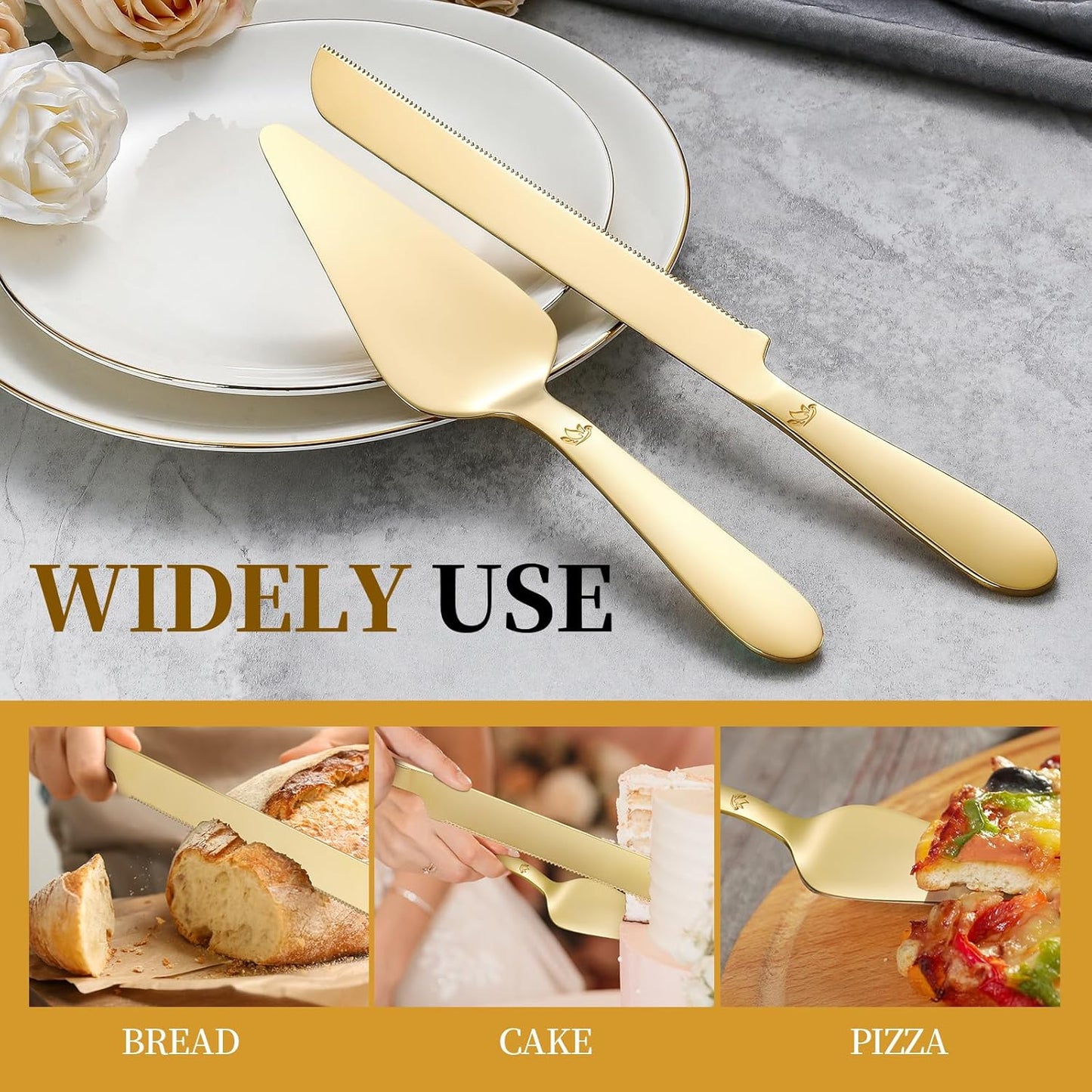 Cake Cutting Set for Wedding - Extended Cake Knife and Server Set Thickened Stainless Steel 13.0" Cake Cutter 10.49" Pie Spatula Great for Birthday Anniversary Christmas Gift 2 Pcs Gold
