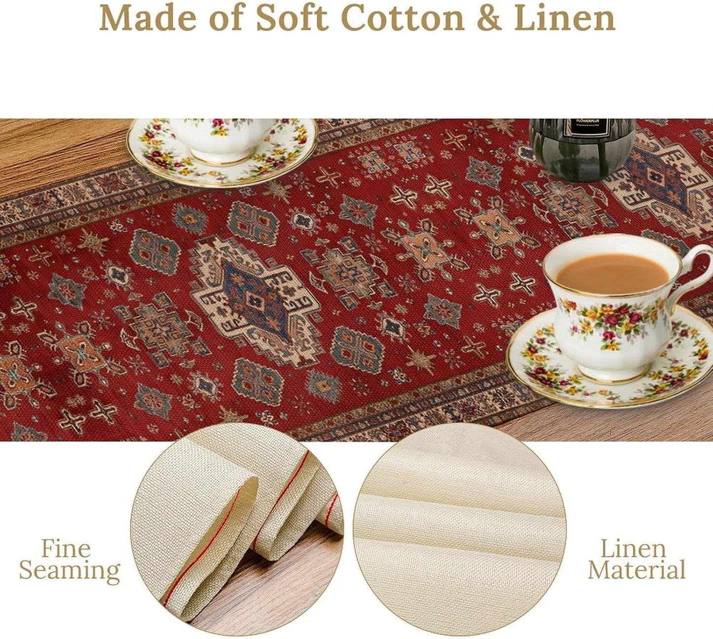 Boho Floral Vintage Table Runner, Retro Red Brown Flower Rustic Country Farmhouse Abstract Pattern for Home Kitchen Table Decor Dining Coffee Room Party Decor 13x90in