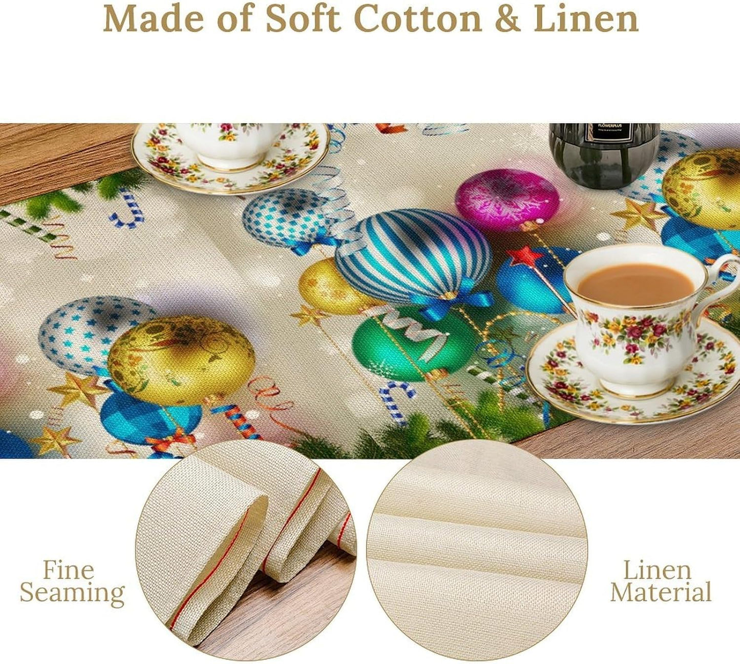 Christmas Table Runner,Colorful Balls Xmas Tree Snowflake Pattern Print Tablecloth Burlap for Hotel Indoors Outdoor Dining Room Kitchen Home Decor,W13X L36 in