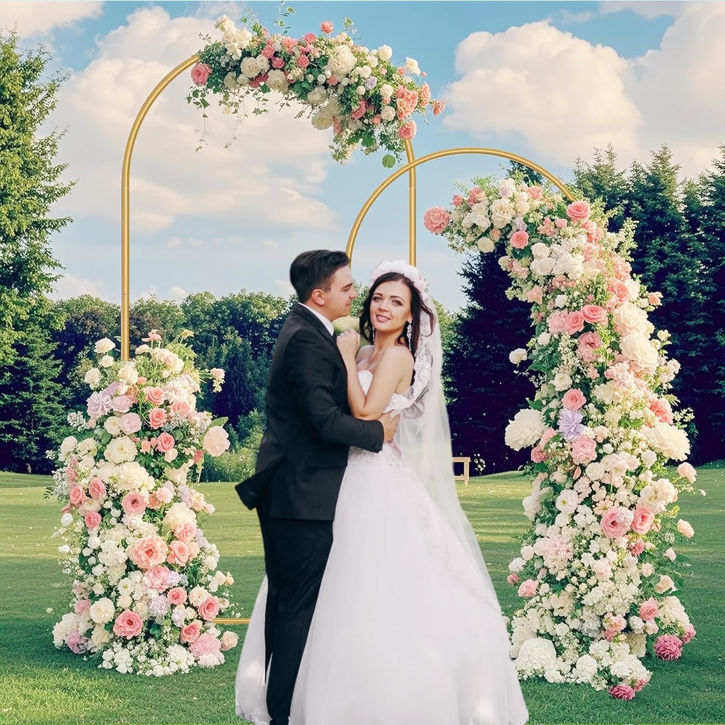 Metal Arch Backdrop Stand 7.2FT+6FT Wedding Arch Backdrop Stand Set of 2 Gold Arch Backdrop Stand for Party Wedding Ceremony Baby Shower Birthday Floral Balloon Decration