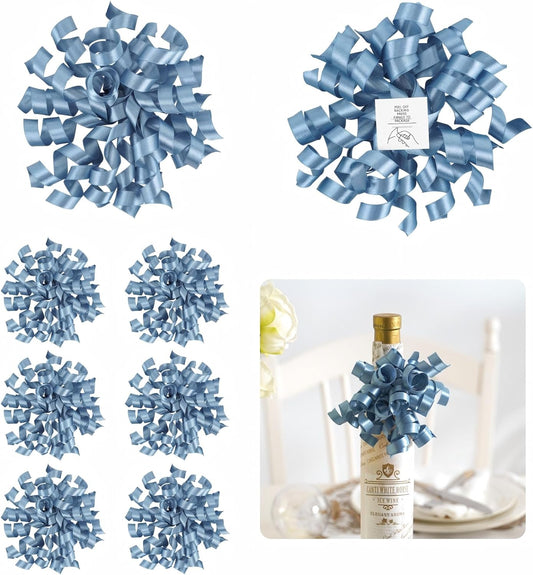 5'' Dusty Blue Bows Curly Ribbon Bows for Gift Wrapping, Satin Bows with Double-Sided Tape, Self Adhesive Bows for Party, Wedding, Birthday Decor, Premade Bows for Crafts, Wine Glasses-8 PCs