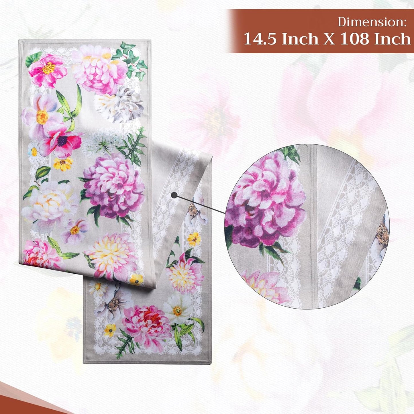 Maison d' Hermine Table Runner 100% Cotton Double Layer Table Runners 108 inches Long Decorative for Home Kitchen Dining Party Baby Shower Wedding Bridal Shower Spring Summer (Pivoine, 14.50" x 108")